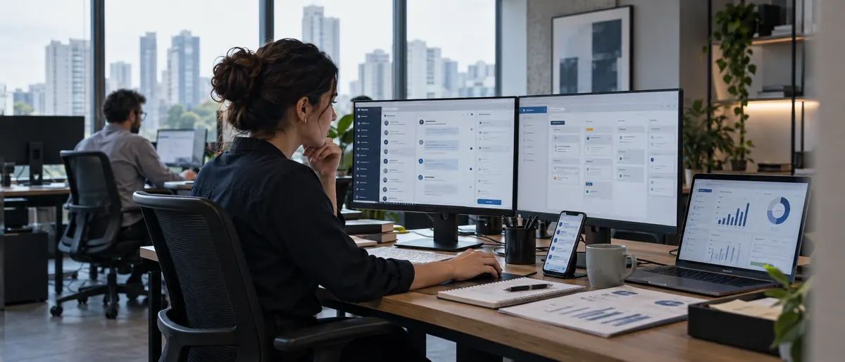 Equipe administrativa trabalhando com CRM e atendimento em um escritório real.